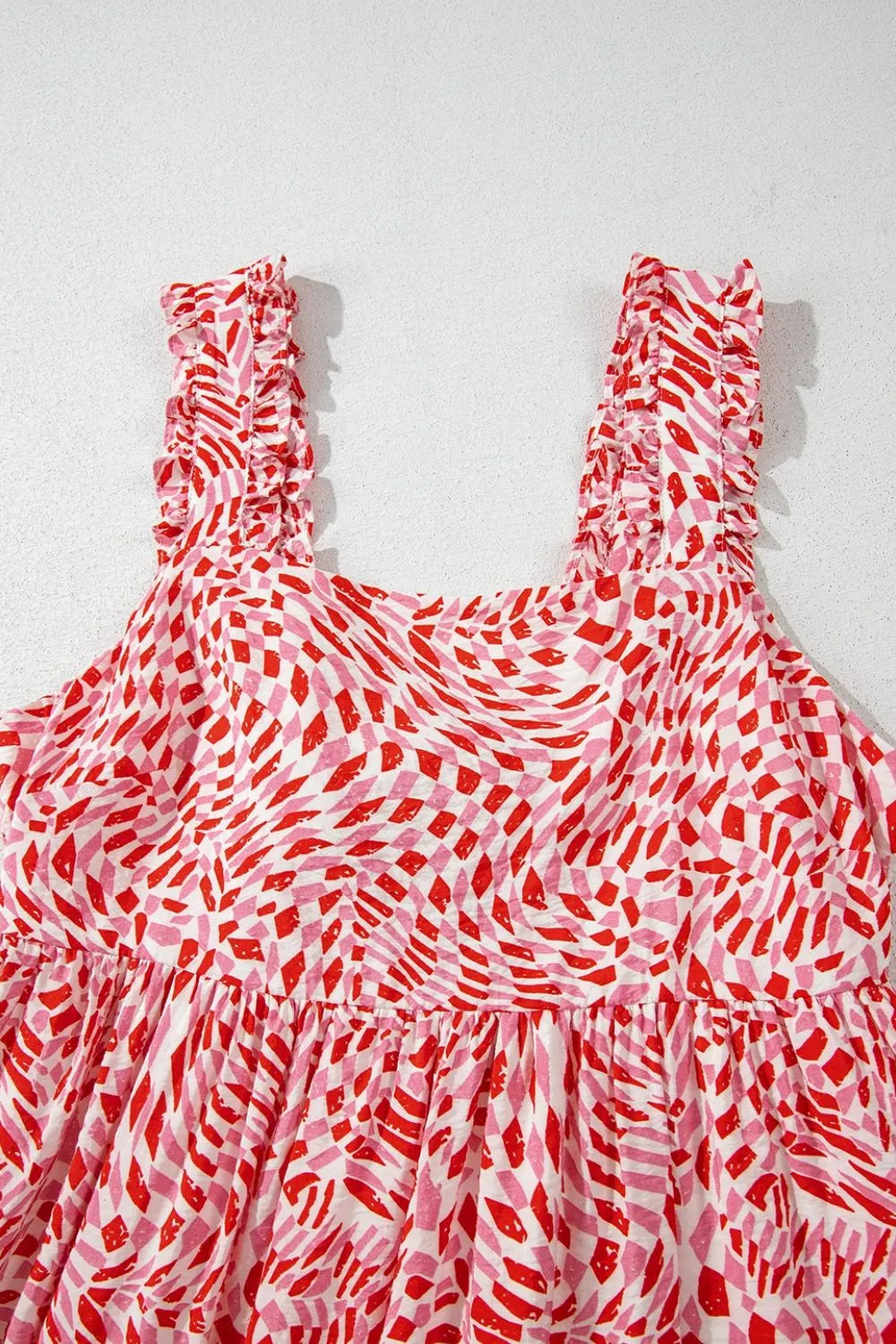 Geometric Print Knot Back Sleeveless Ruffle Hem Dress