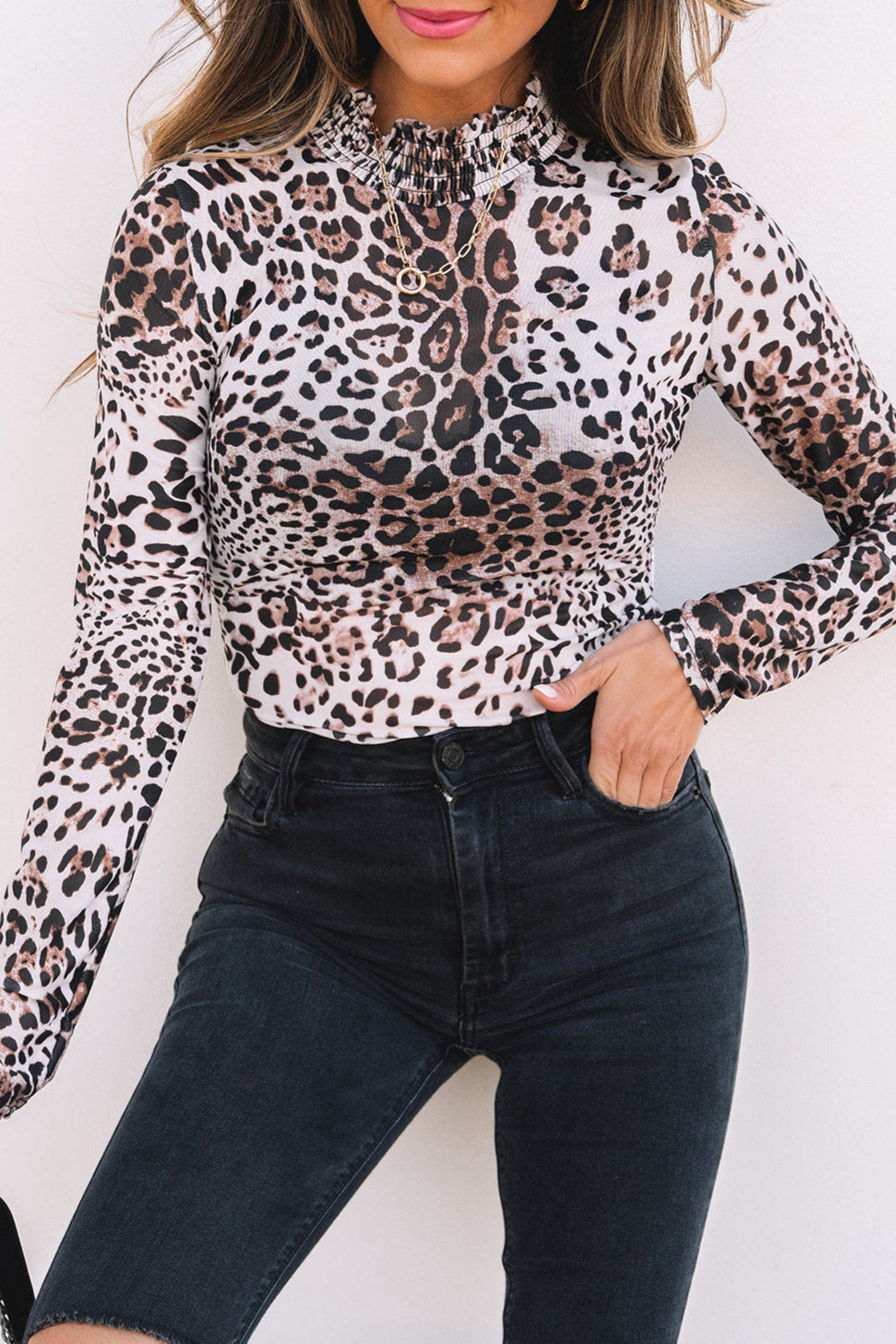 Leopard Smocked Neck Mesh Bodysuit