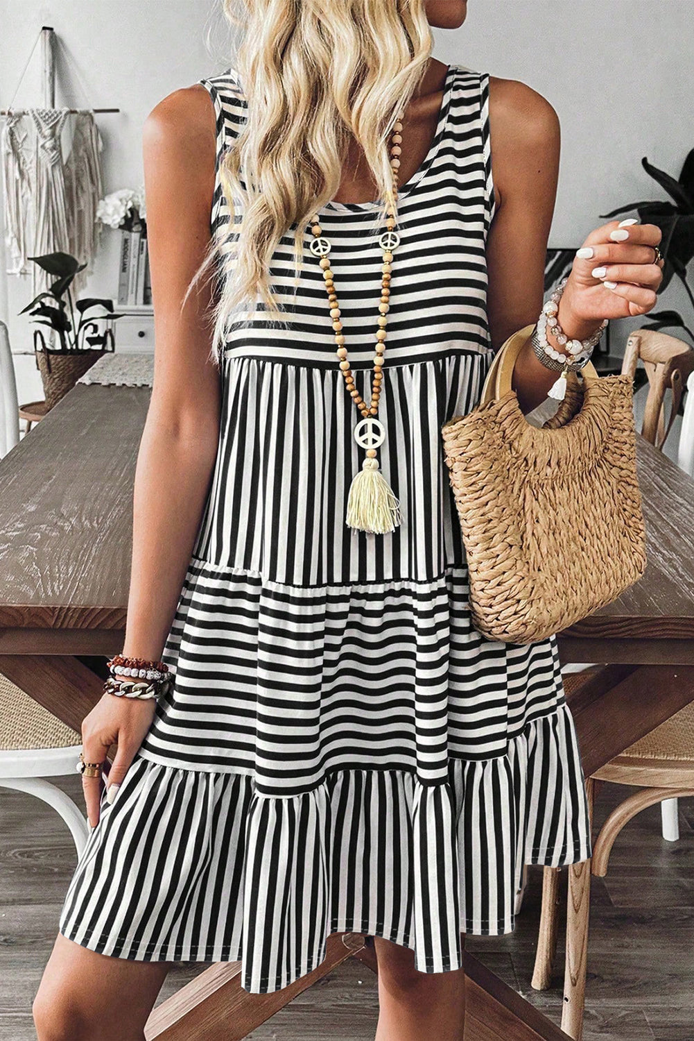 Stripe Sleeveless Tiered Mini Dress
