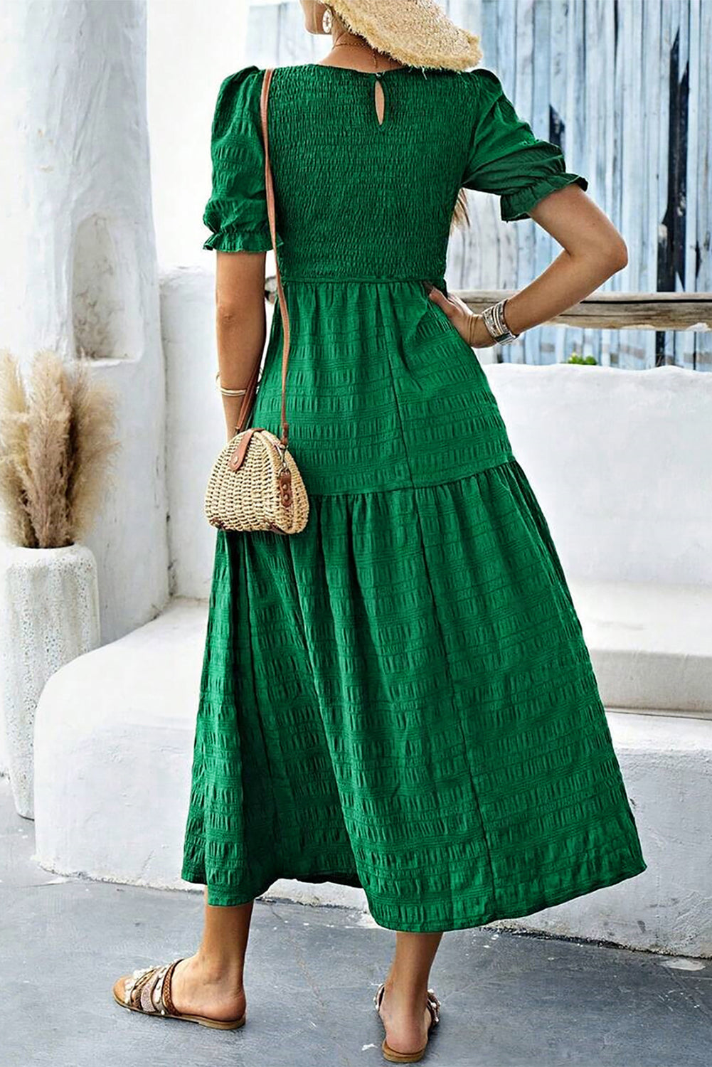 Smocked Short Sleeve Midi Dress