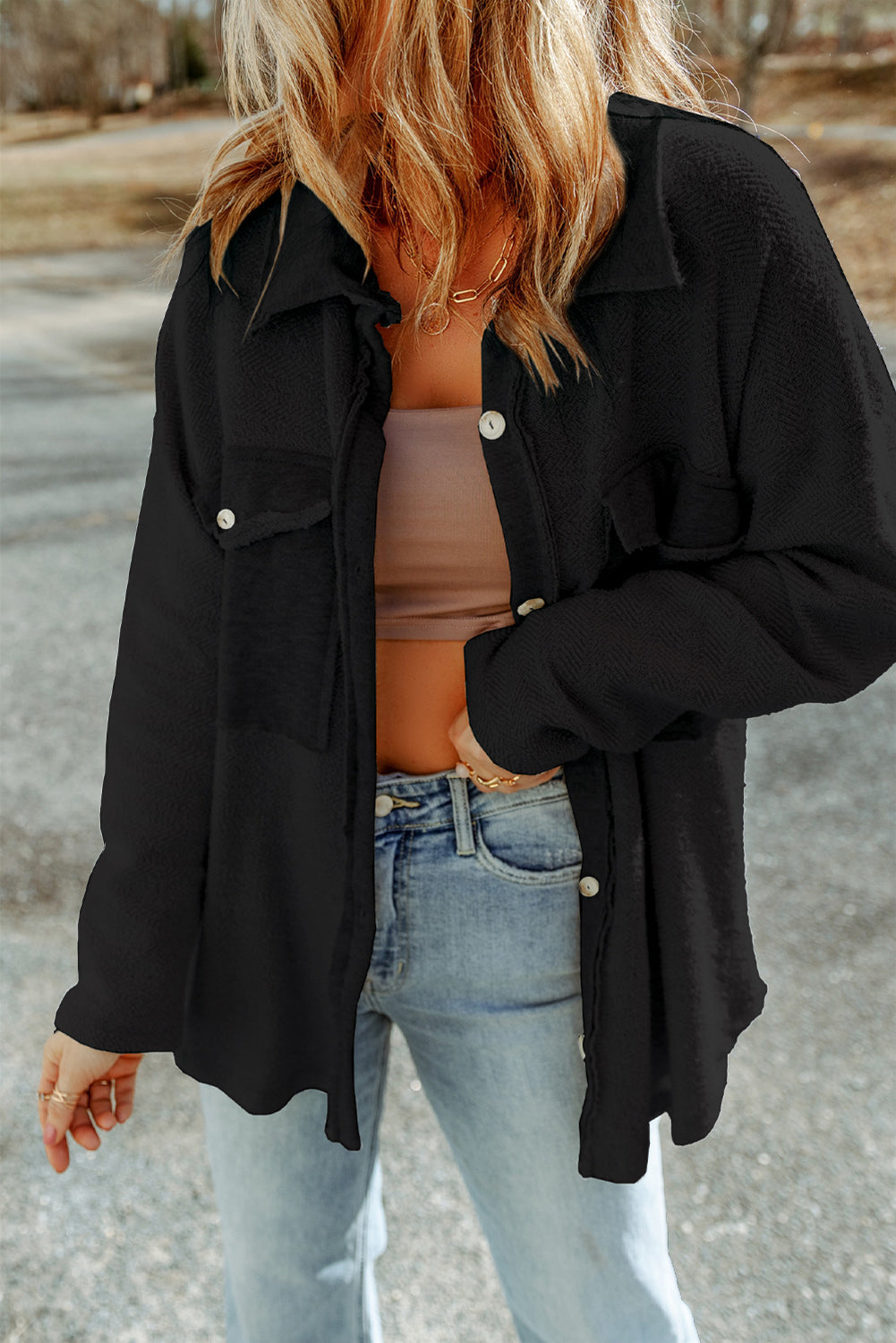 Textured Contrast Flap Pocket Shacket