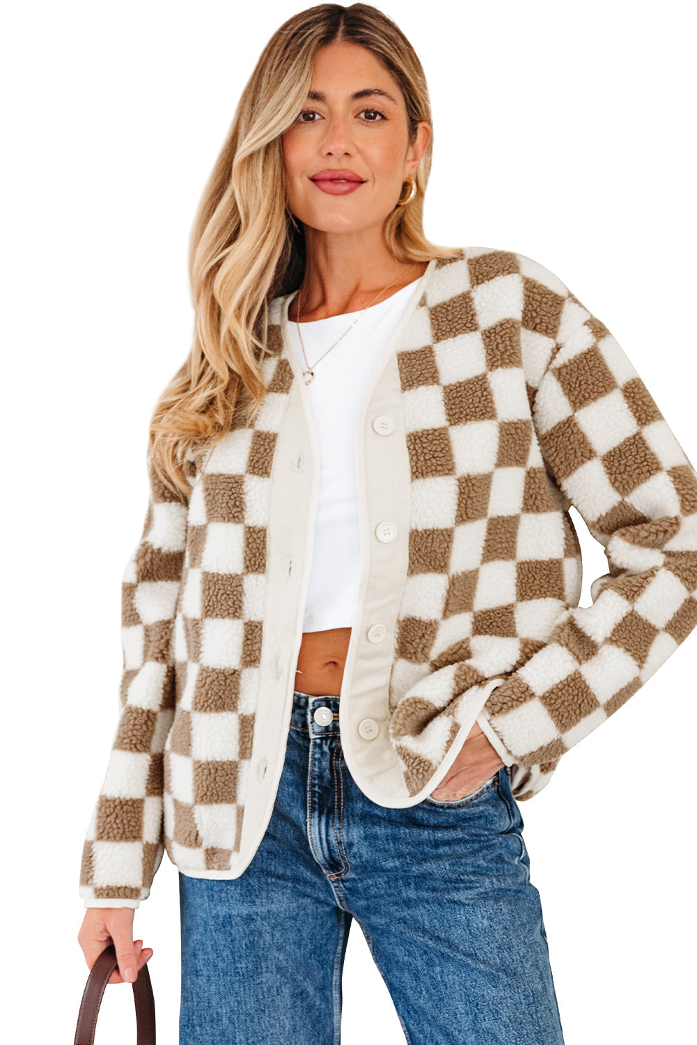 Checker Sherpa Button Front Chunky Jacket