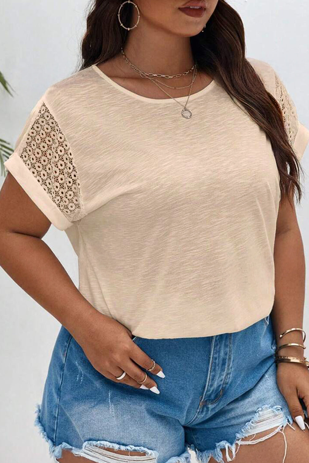 Plus Size Lace Patchwork Short Sleeve Top