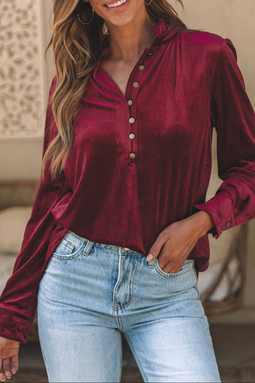 Solid Velvet Button Front Top