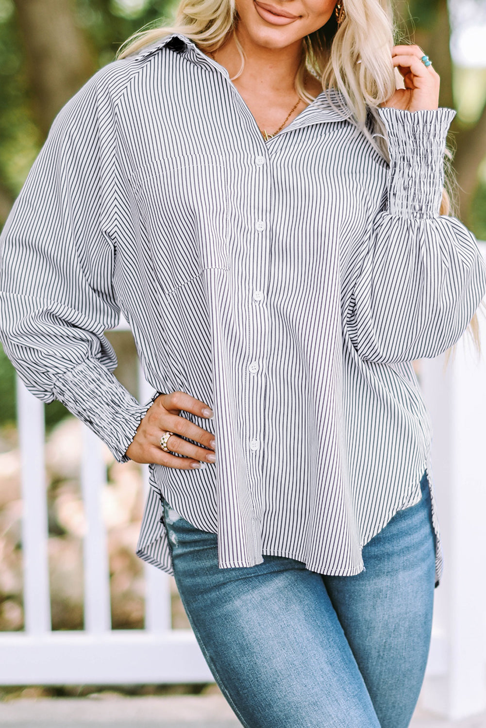 Stripe Smocked Cuff Buttoned Shirt