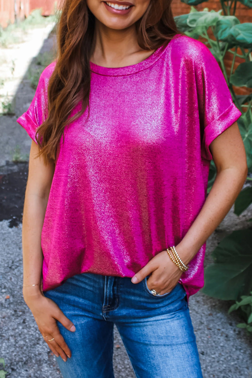 Metallic Shimmer Cuffed Sleeve Top
