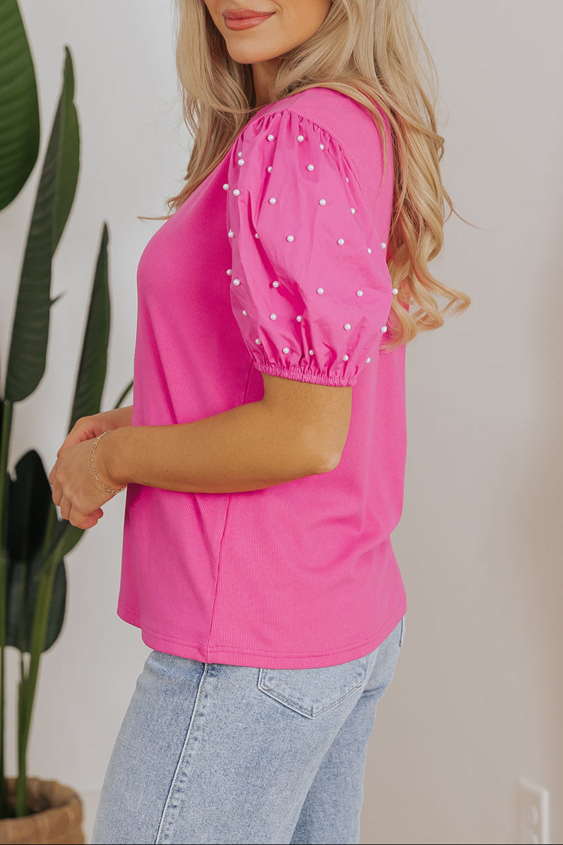 Pearl Beaded Ribbed Puff Sleeve Top
