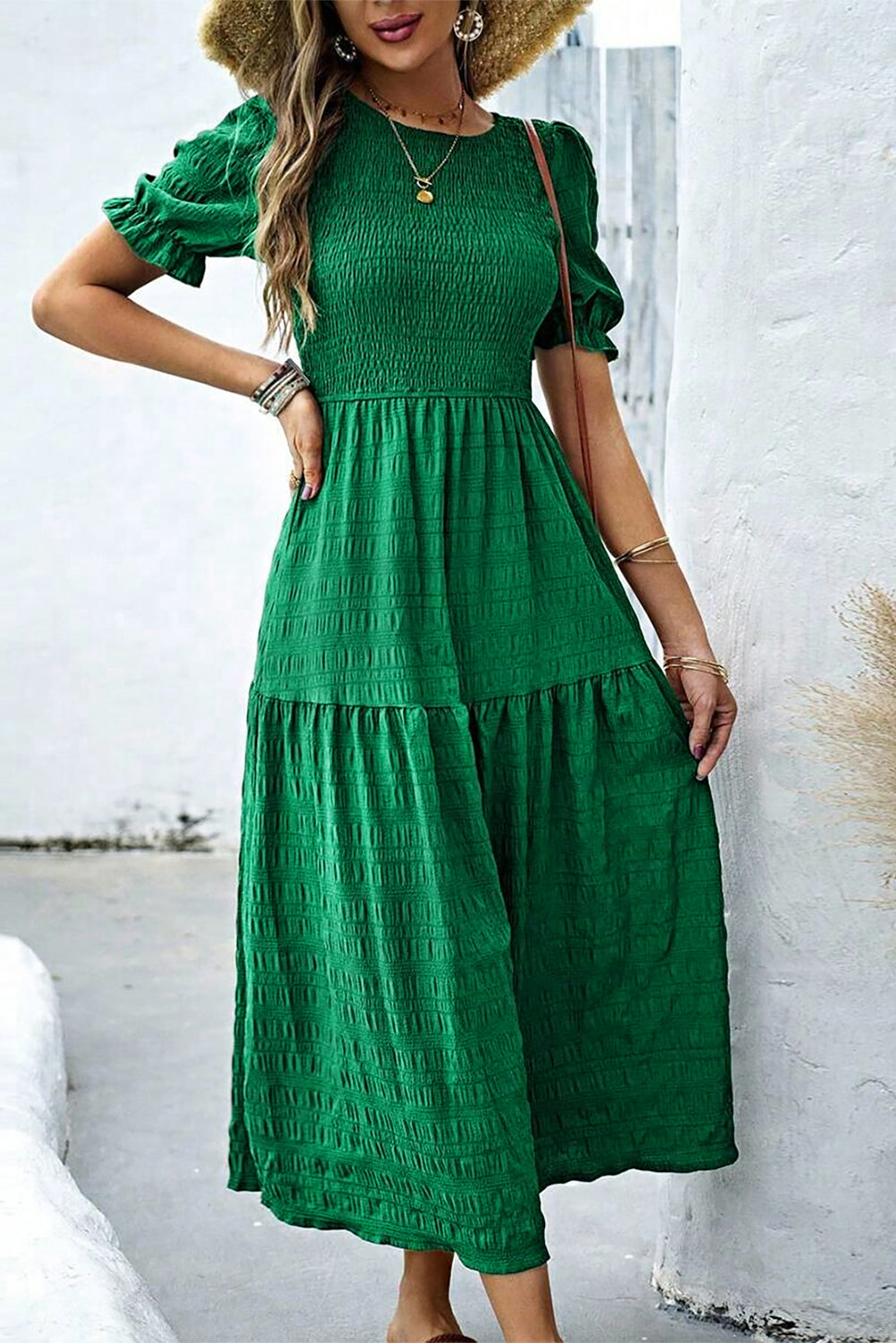 Smocked Short Sleeve Midi Dress