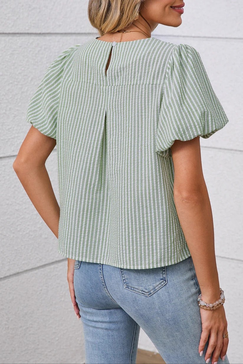 Stripe Textured Puff Sleeve Blouse