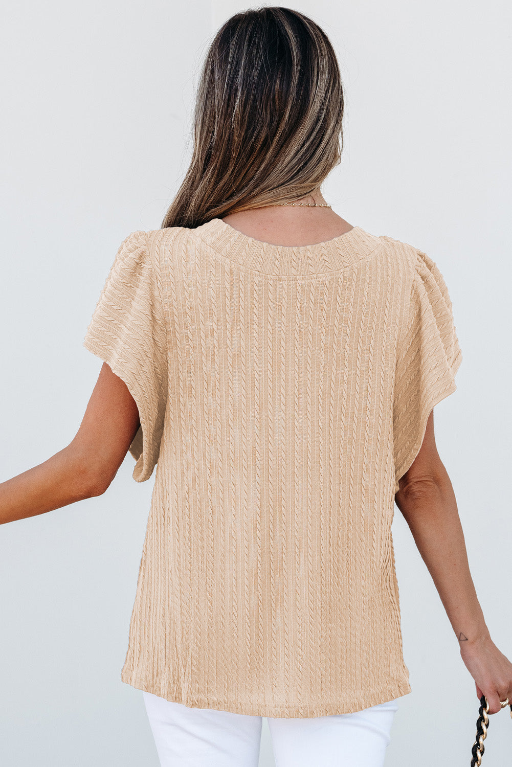 Solid Cable Textured Flutter Sleeve Top