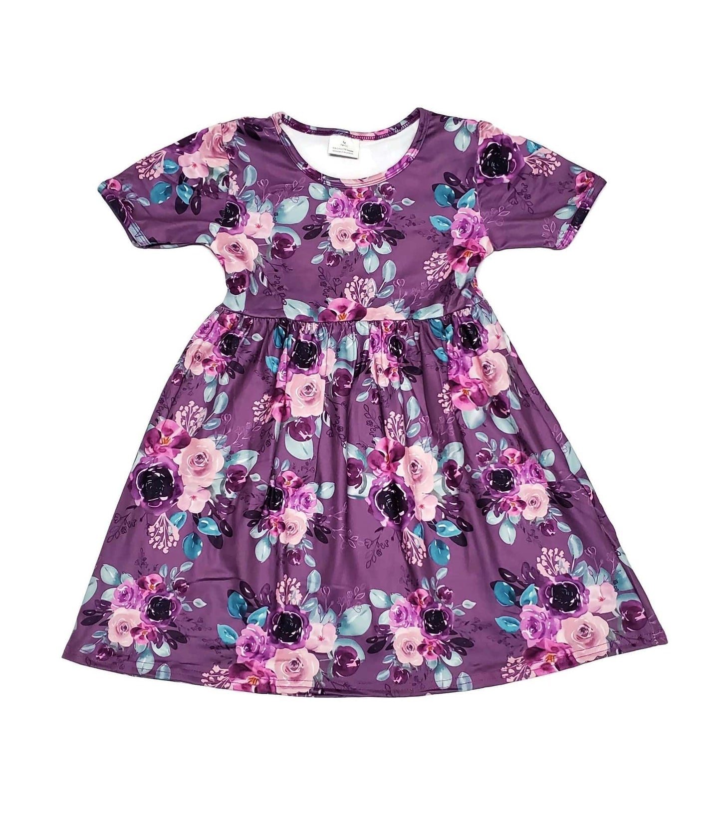 Purple Floral Short Sleeve Milk Silk Dress