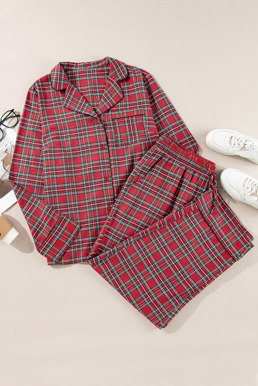 Plus Size Christmas Plaid Shirt and Pants Lounge Set