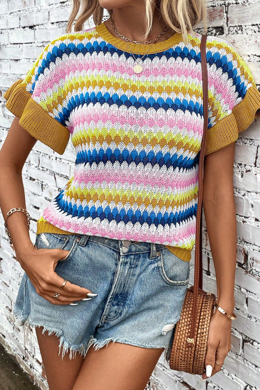 Stripe Ruffle Short Sleeve Sweater