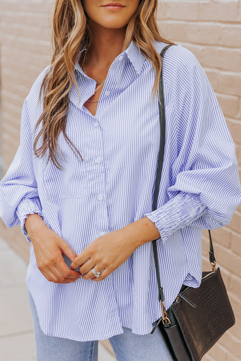 Stripe Smocked Cuff Buttoned Shirt