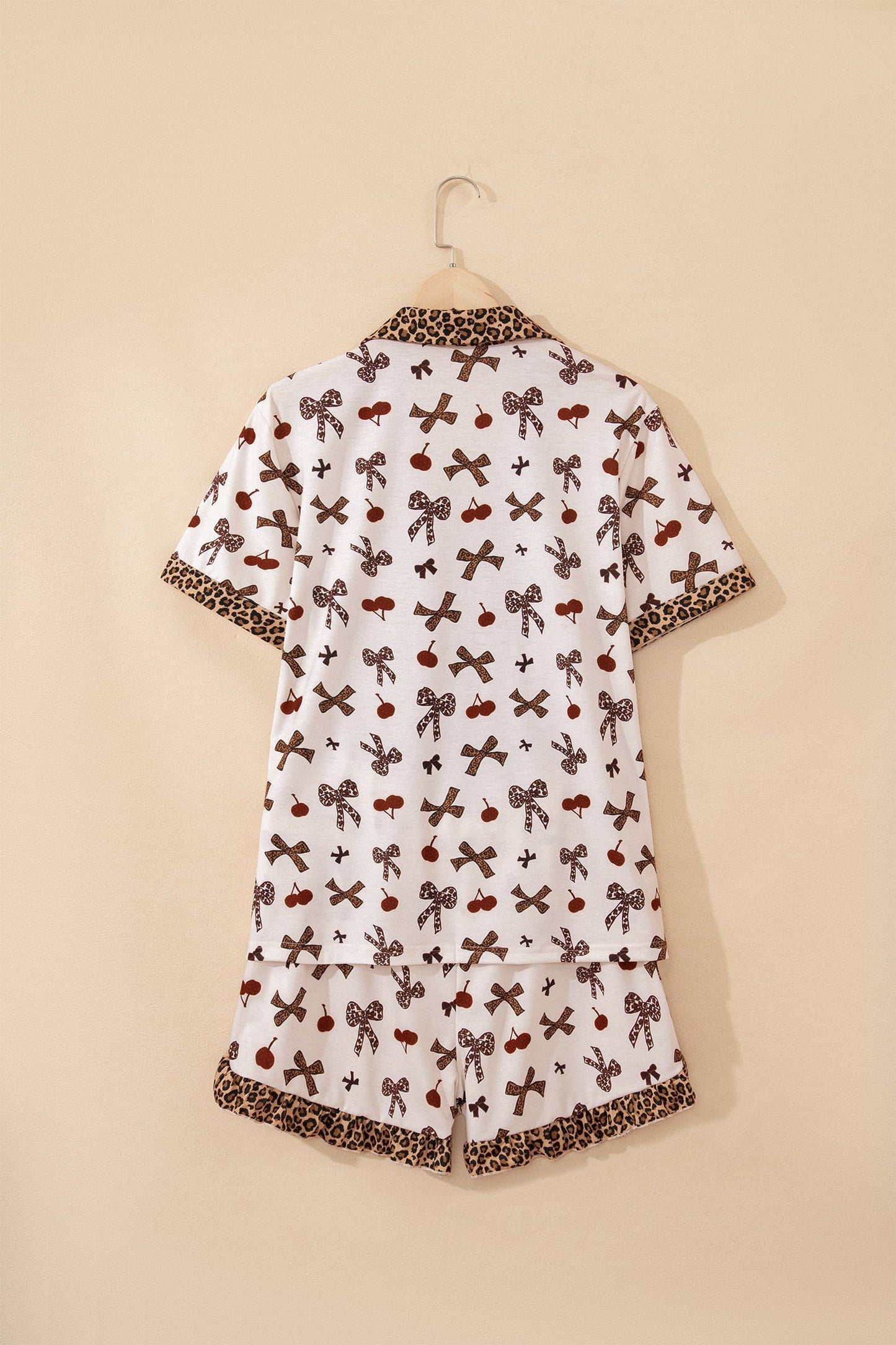 Leopard Cherry Bow Patchwork Shirt & Shorts Pajama Set