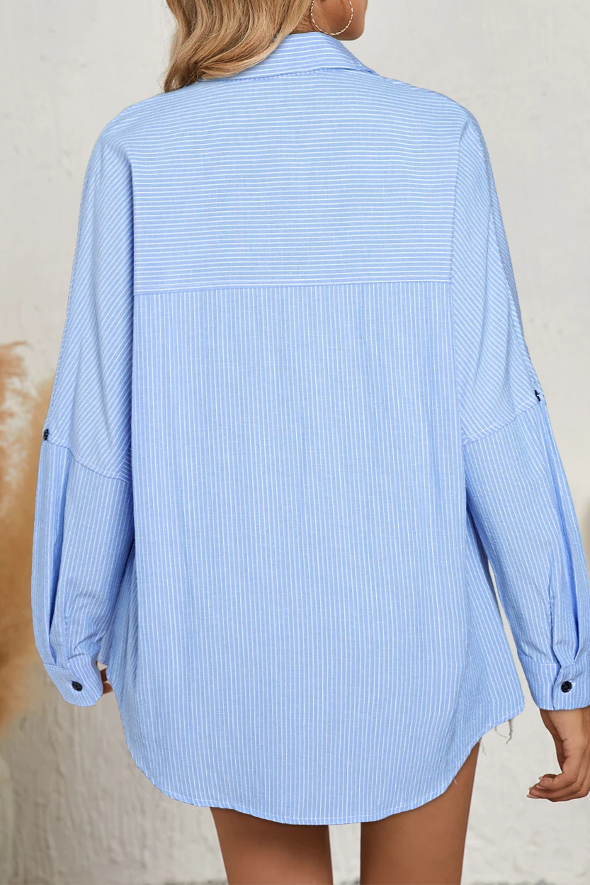 Stripe Roll-Tab Sleeve Pocketed Shirt