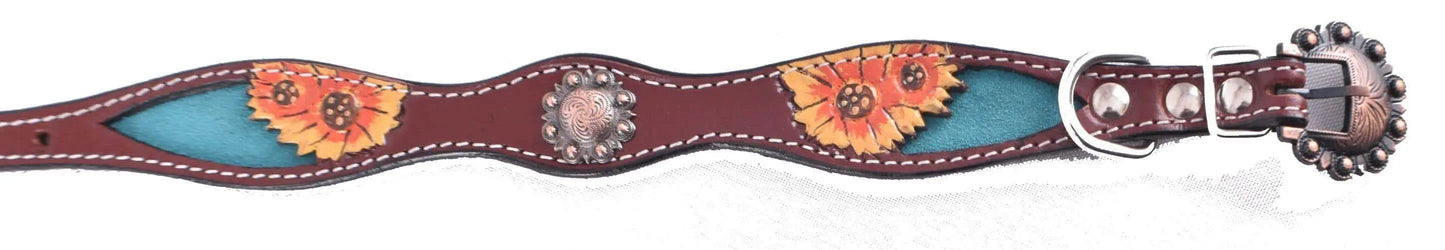 Hand Painted Sunflowers leather dog collar with copper buckle.