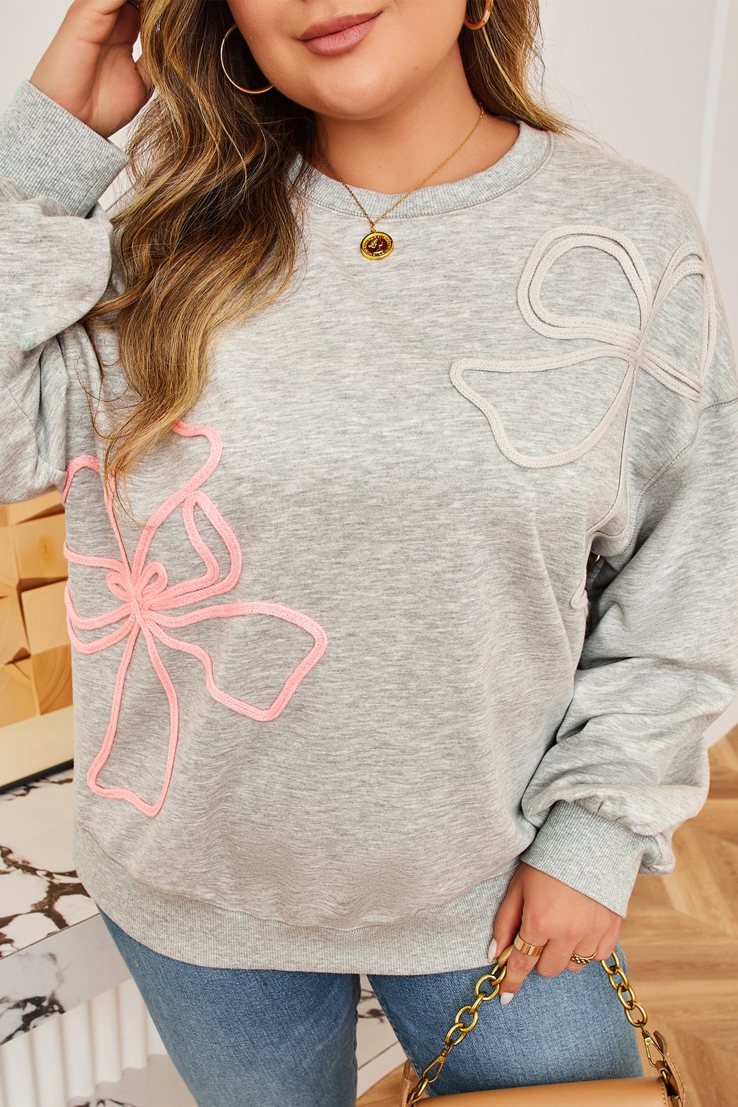 Plus Size Bow Embroidered Drop Shoulder Sweatshirt
