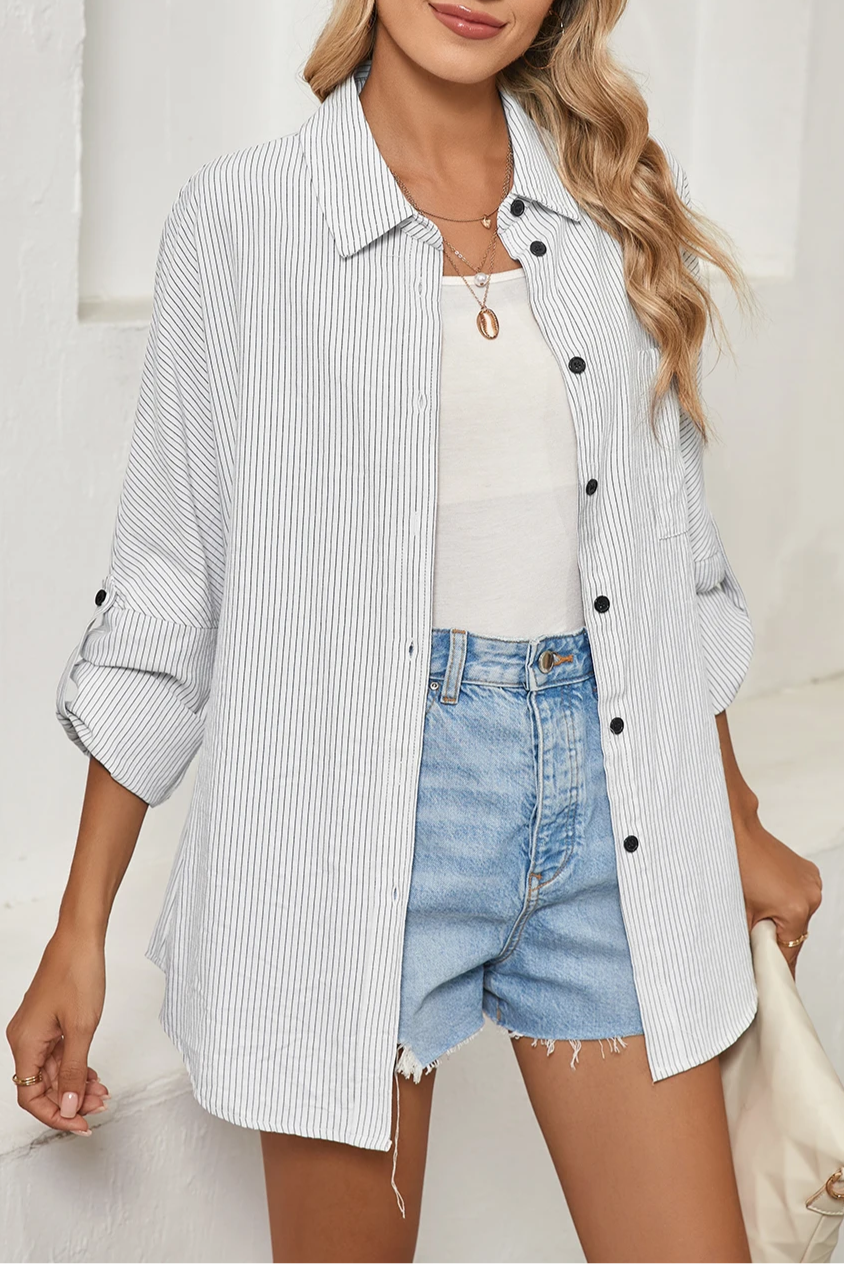 Stripe Roll-Tab Sleeve Pocketed Shirt