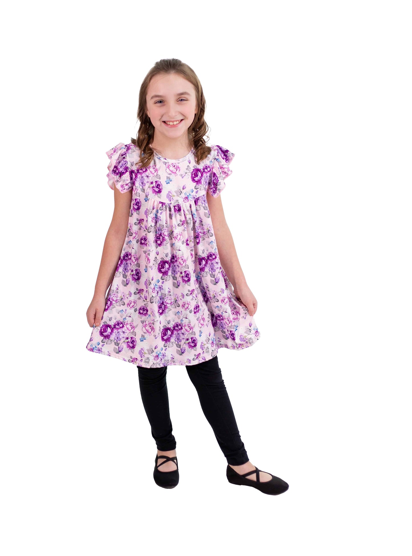 Purple Floral Milk Silk Flutter Dress