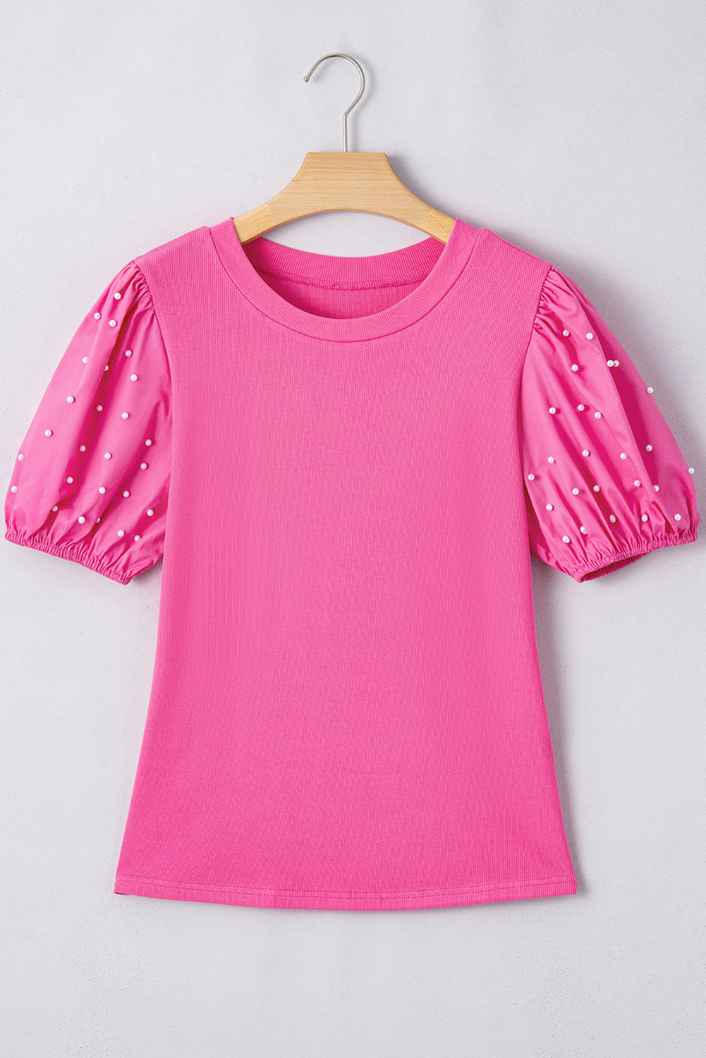 Pearl Beaded Ribbed Puff Sleeve Top