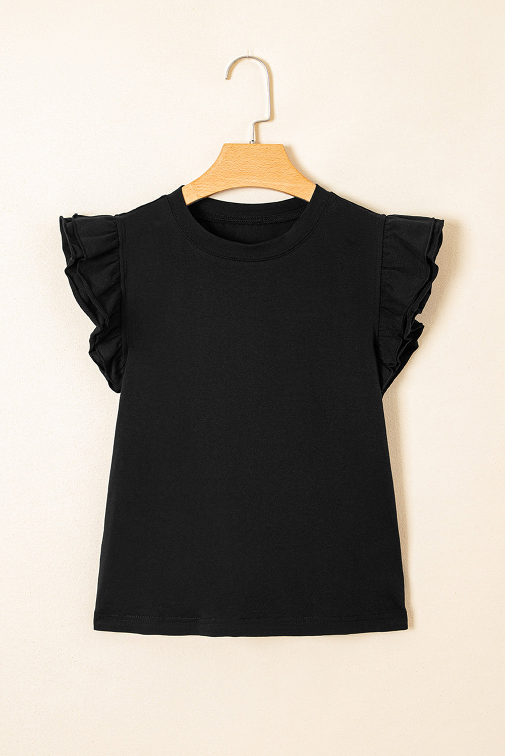 Solid Ruffle Sleeve Crewneck Top