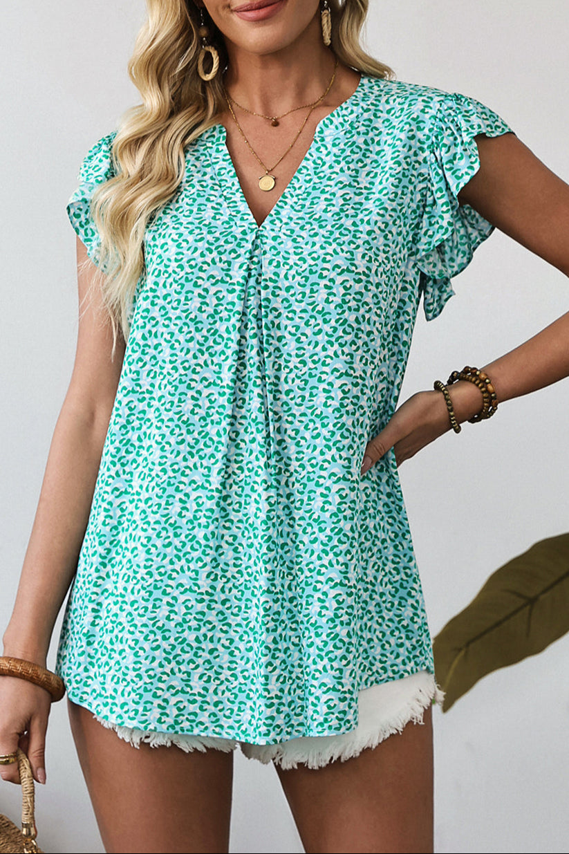 Leopard Ruffle Notched V-Neck Blouse