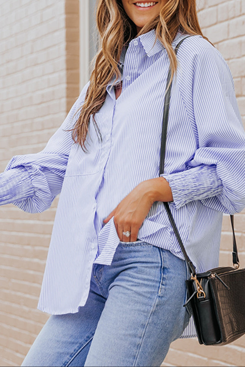 Stripe Smocked Cuff Buttoned Shirt
