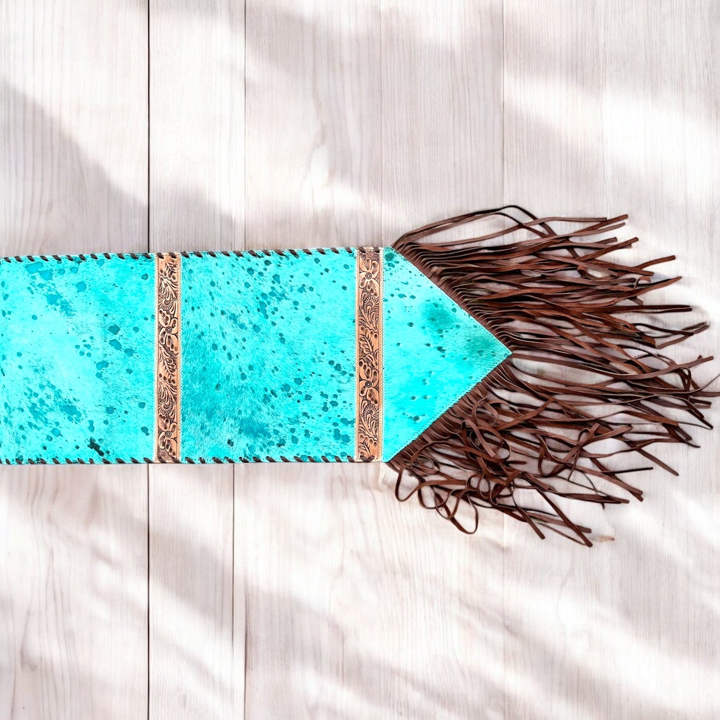 6ft turquoise acid wash cowhide table runner