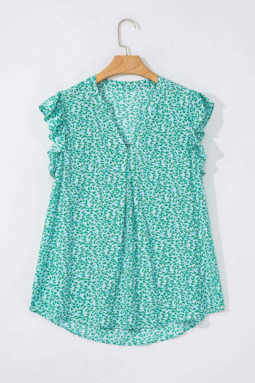 Leopard Ruffle Notched V-Neck Blouse