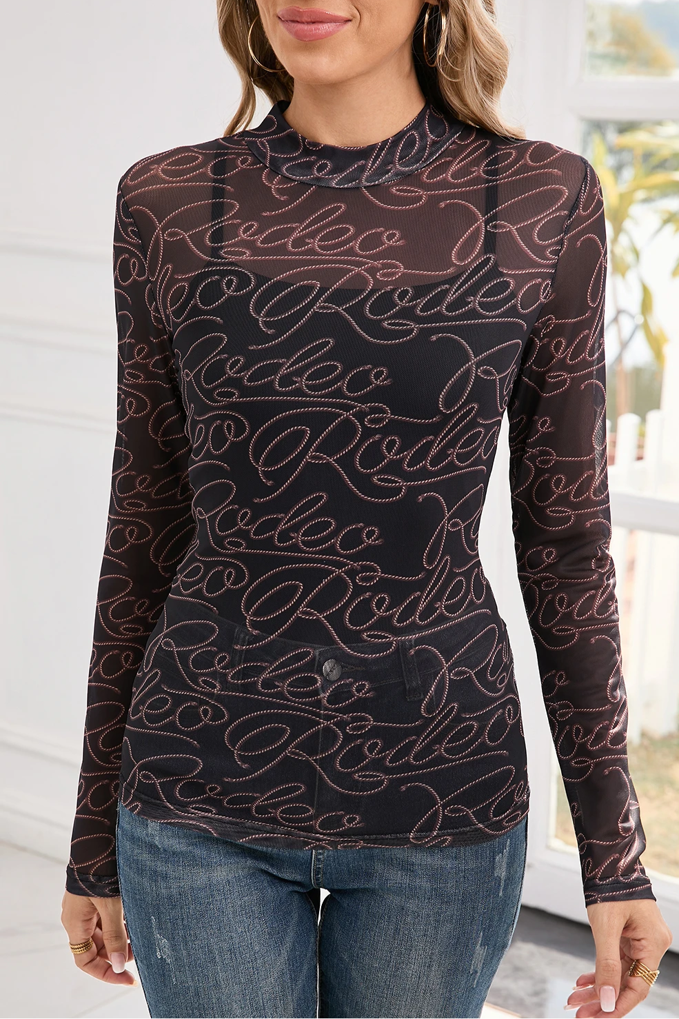 Western Rodeo Mesh Mock Neck Top