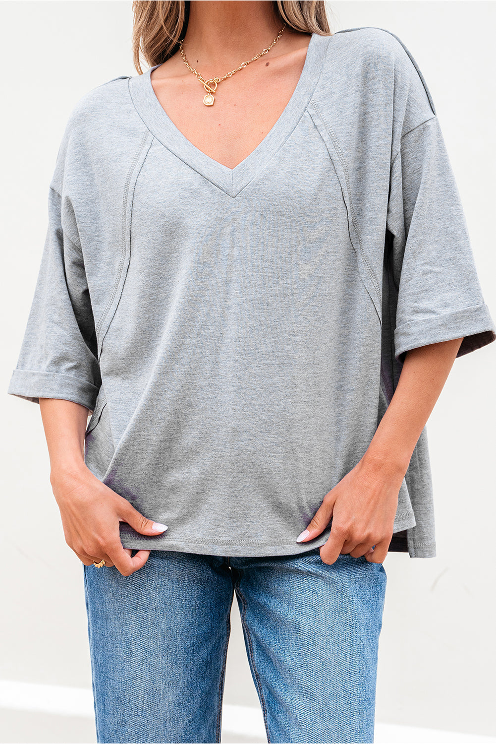 Solid Raglan Sleeve V-Neck T-Shirt