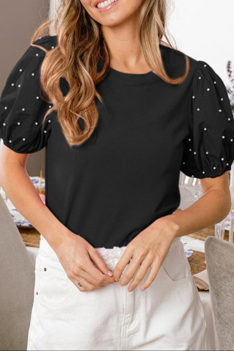 Pearl Beaded Ribbed Puff Sleeve Top