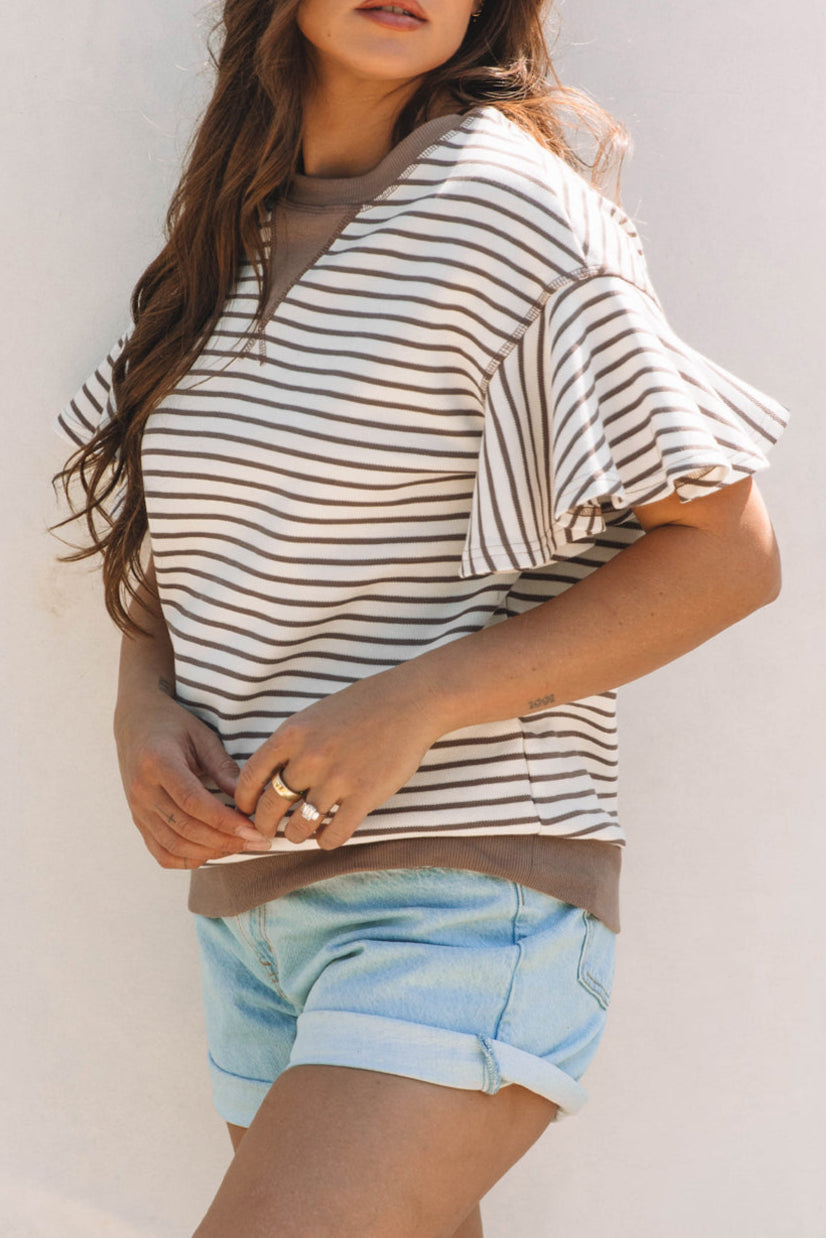 Stripe Contrast Trim Ruffle Sleeve Top