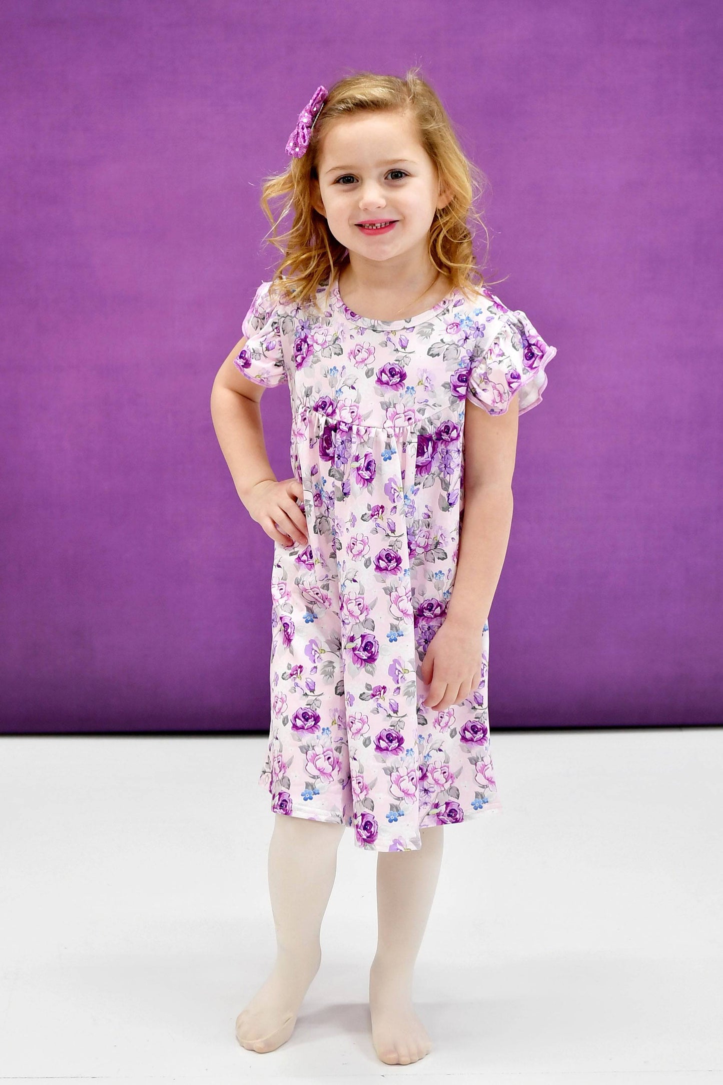 Purple Floral Milk Silk Flutter Dress