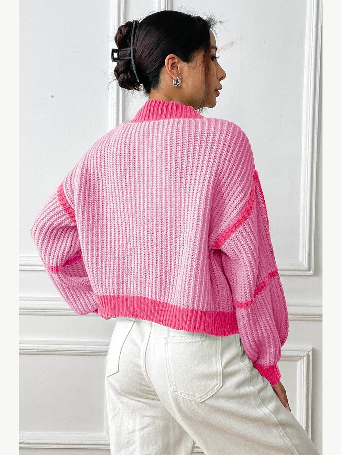 Women Contrast Open Front Long Sleeve Cardigan