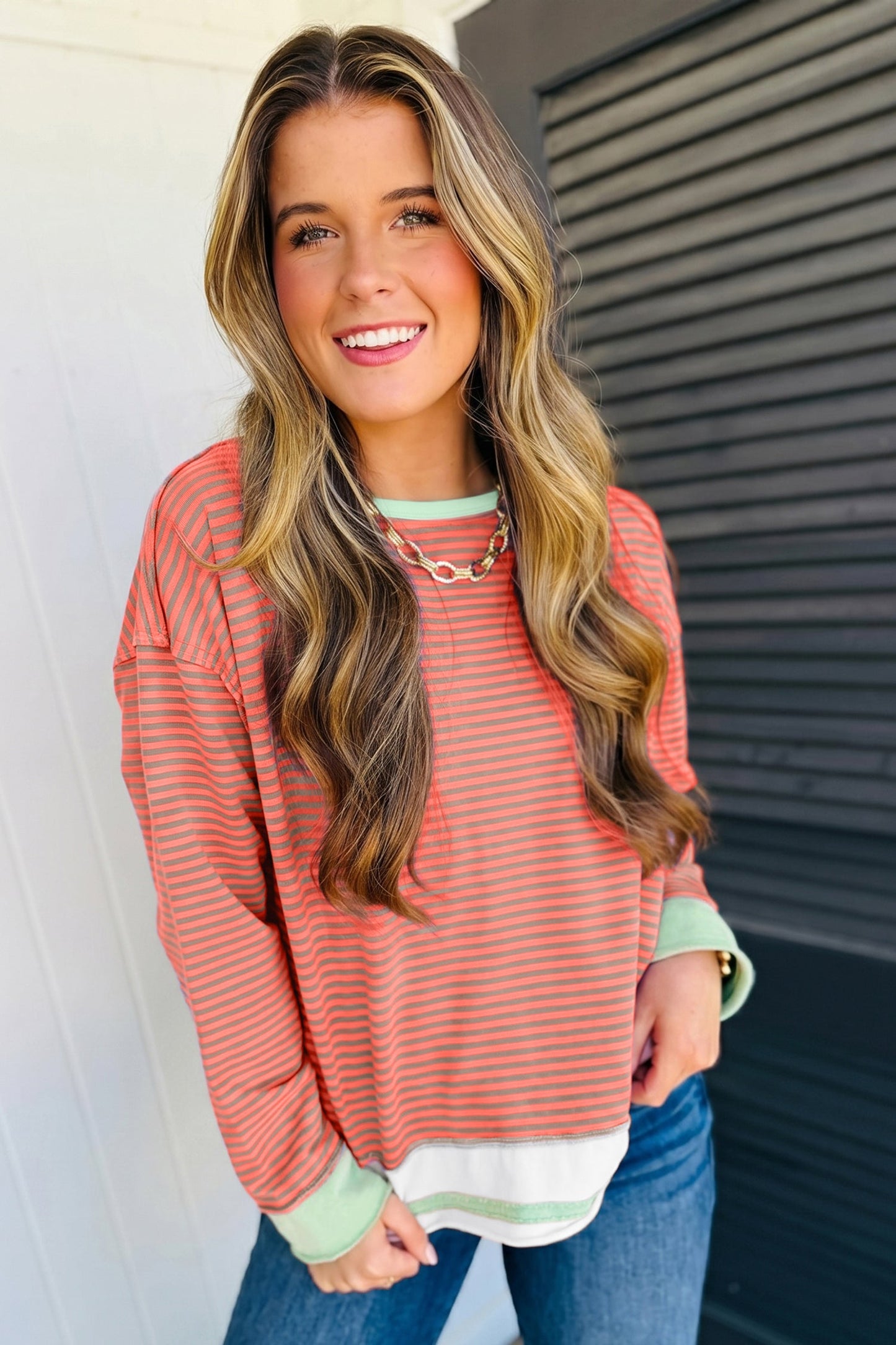 Stripe Colorblock Raw Seam Long Sleeve Top