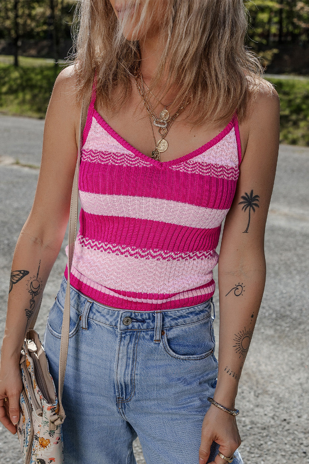 Stripe Adjustable Strap Sweater Tank