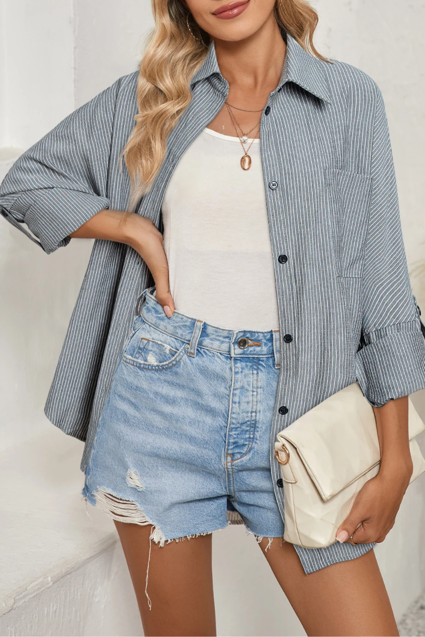 Stripe Roll-Tab Sleeve Pocketed Shirt