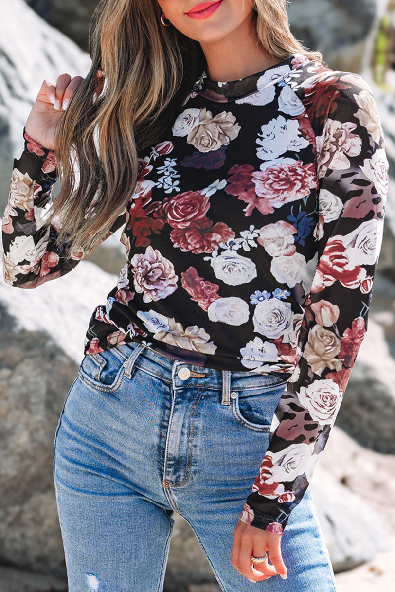 Floral Mesh Mock Neck Top