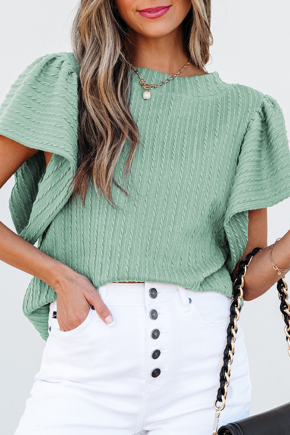 Solid Cable Textured Flutter Sleeve Top