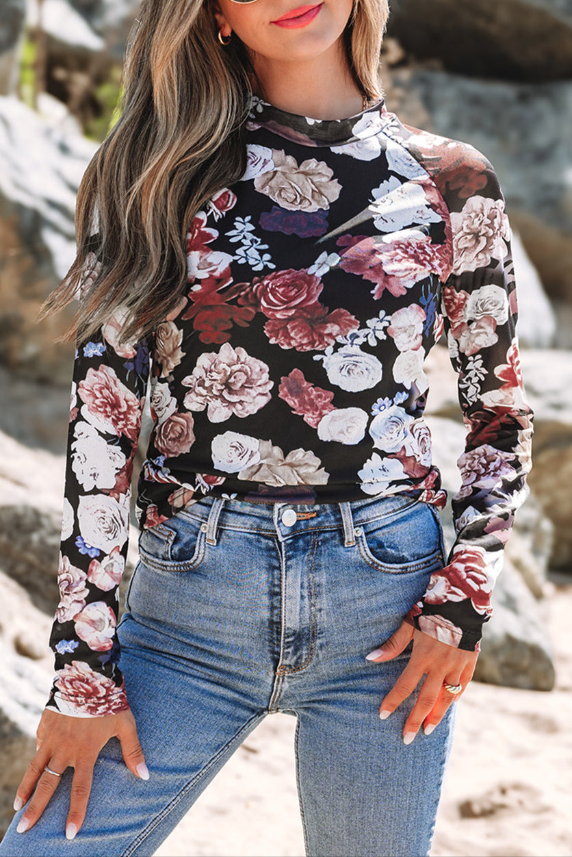 Floral Mesh Mock Neck Top