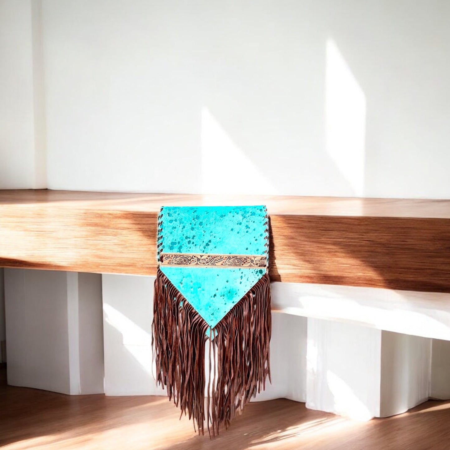 6ft turquoise acid wash cowhide table runner