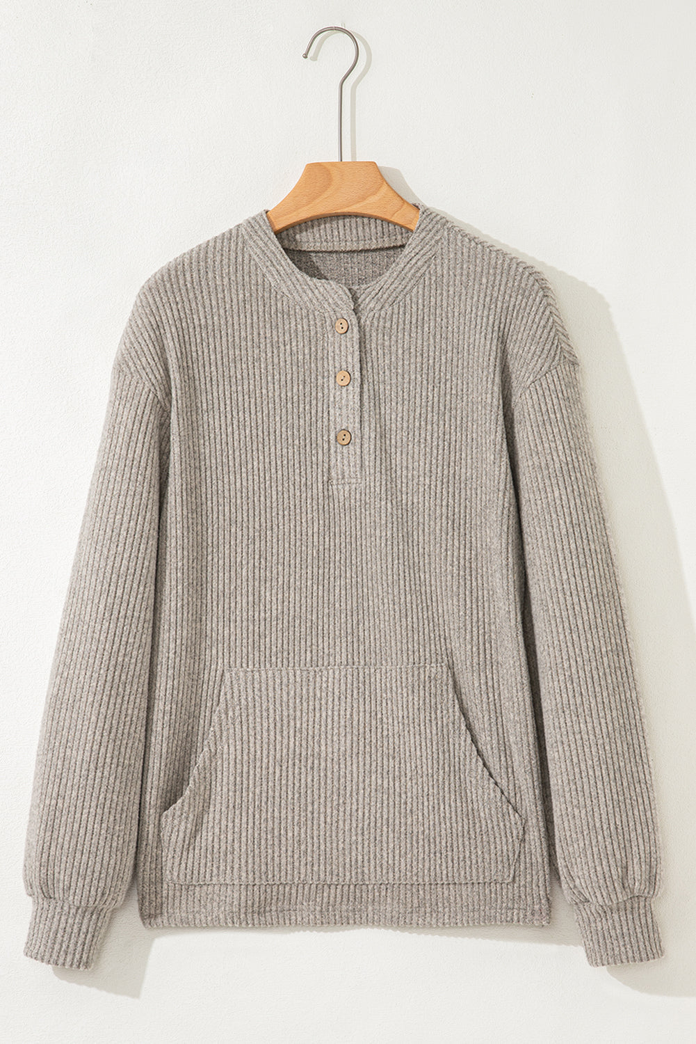 Solid Ribbed Knit Textured Drop Shoulder Henley Top