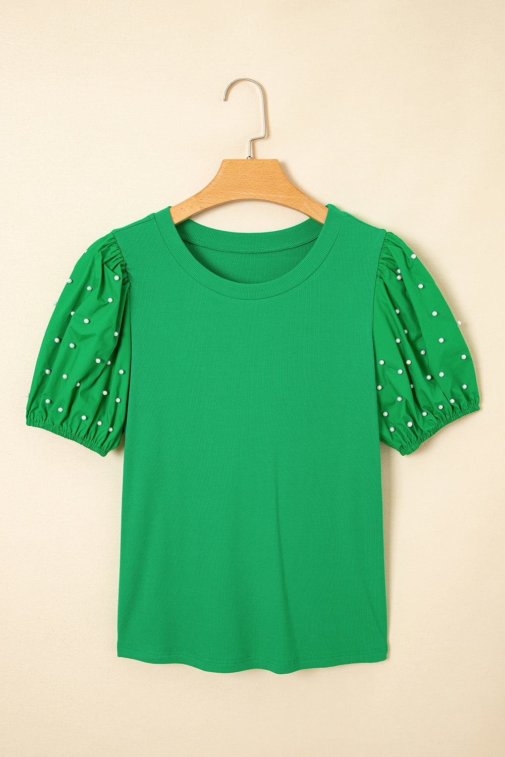 Pearl Beaded Ribbed Puff Sleeve Top