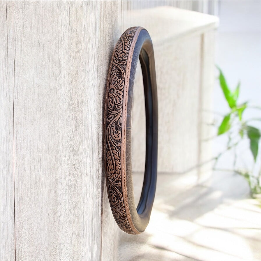 15” floral hand tooled steering wheel cover