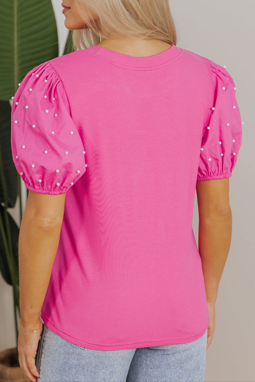 Pearl Beaded Ribbed Puff Sleeve Top