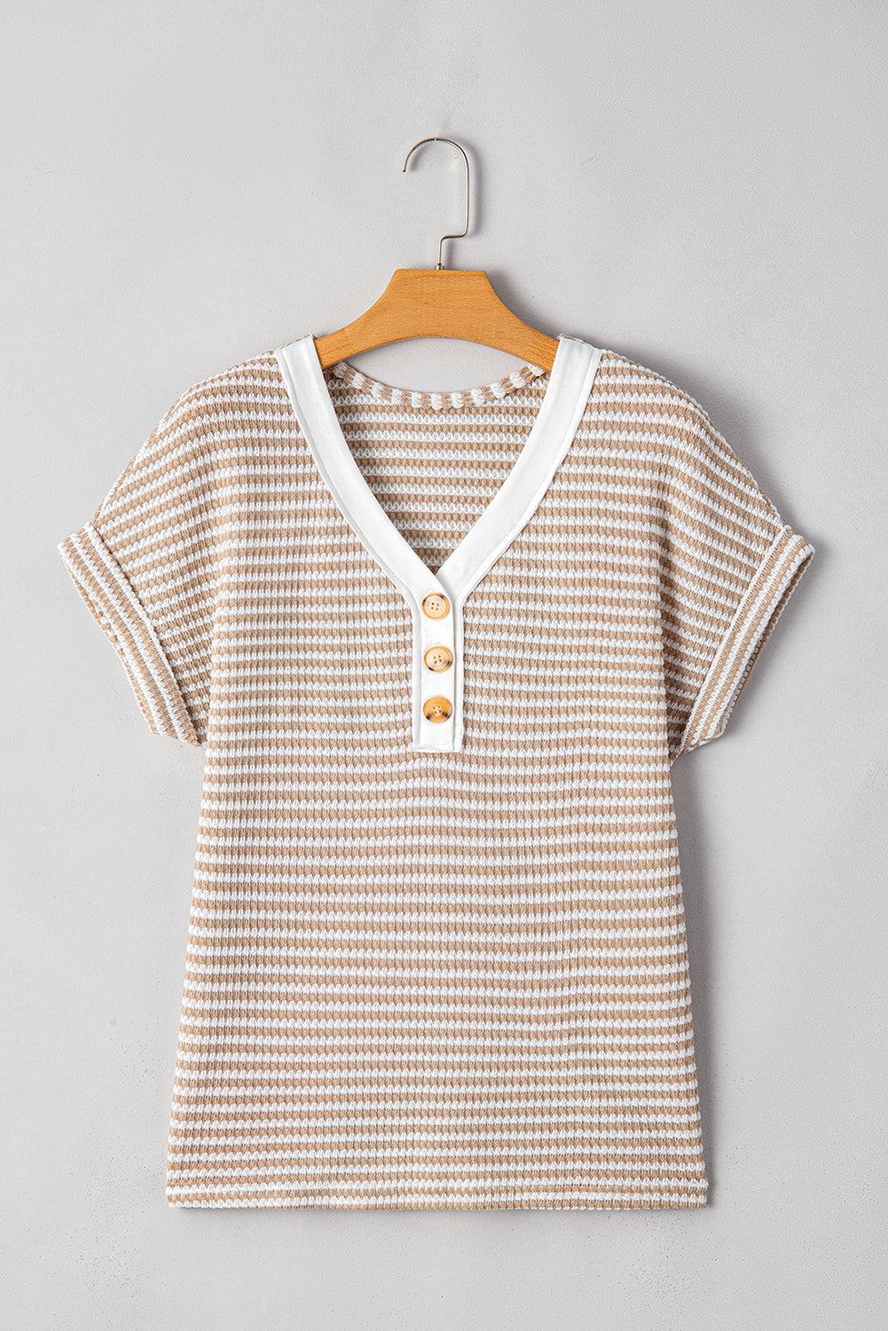 Stripe Button Front V-Neck T-Shirt