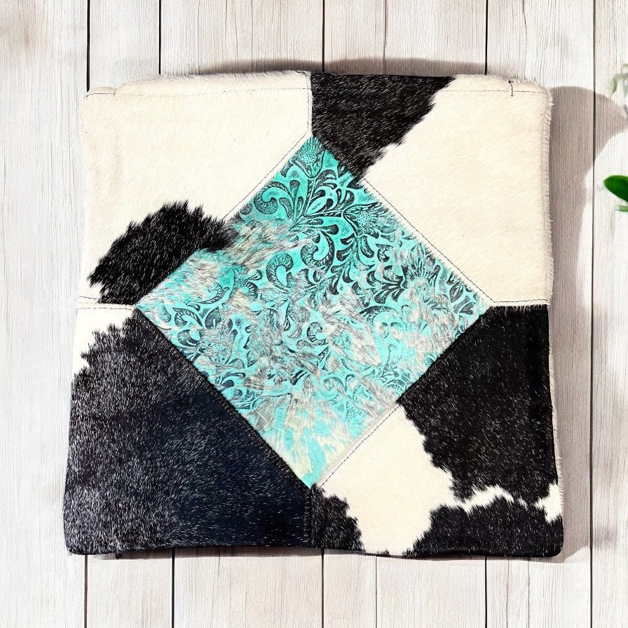 Turquoise tooled leather, cowhide pillow 16”