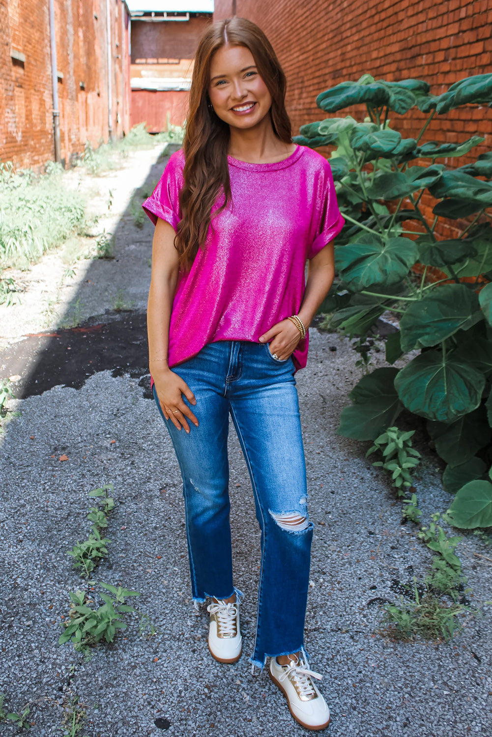 Metallic Shimmer Cuffed Sleeve Top